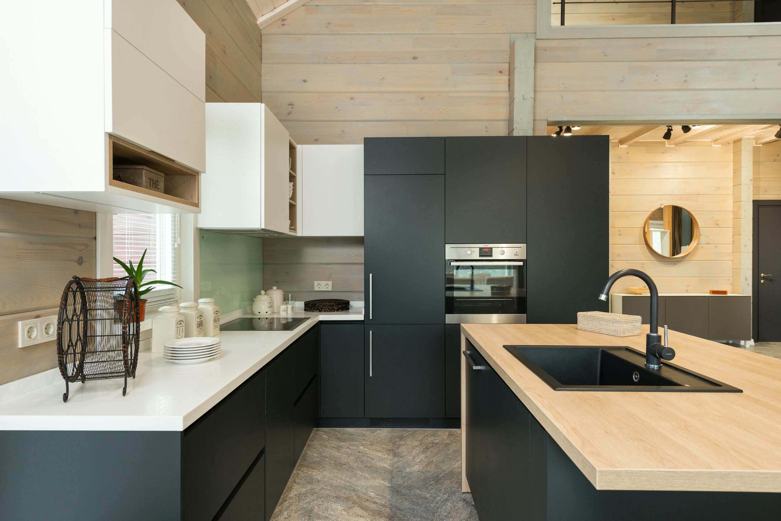 Modern kitchen with matte cupboards and built in appliances