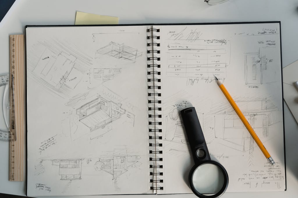 Detailed architectural sketches with drawing tools on a desk, perfect for design projects.